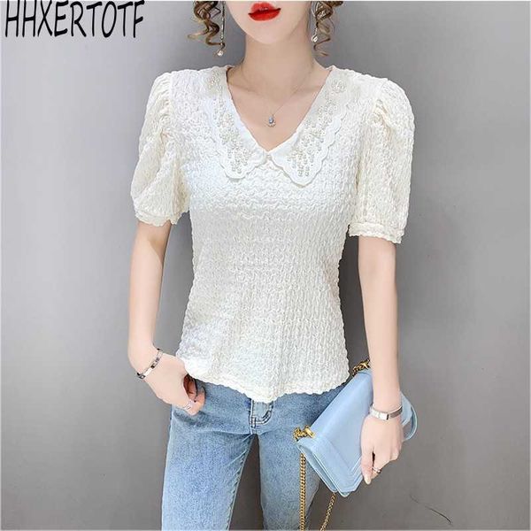 summer fashion casual women v-neck beaded bubble sleeve solid color slim lace short-sleeved 210531, White
summer fashion casual women v-neck beaded bubble sleeve solid color slim lace short-sleeved 210531, White