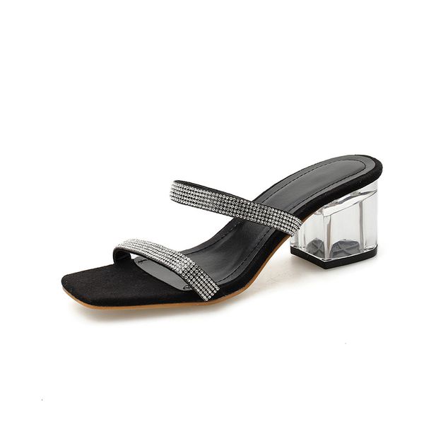2021 new woman summer women's rhinestone crystals heels open toe shoes square heeled pumps ladies slides slippers z33l, Black
2021 new woman summer women's rhinestone crystals heels open toe shoes square heeled pumps ladies slides slippers z33l, Black