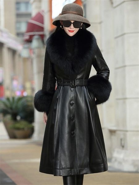 women's leather & faux fur down jacket long coat 2021 sheep winter, Black