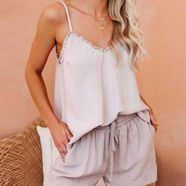 women's tracksuits summer ruffles v-neck spaghetti strap women set solid blackless loose casual tanks + drawstring shorts lady suit hom, Gray
women's tracksuits summer ruffles v-neck spaghetti strap women set solid blackless loose casual tanks + drawstring shorts lady suit hom, Gray