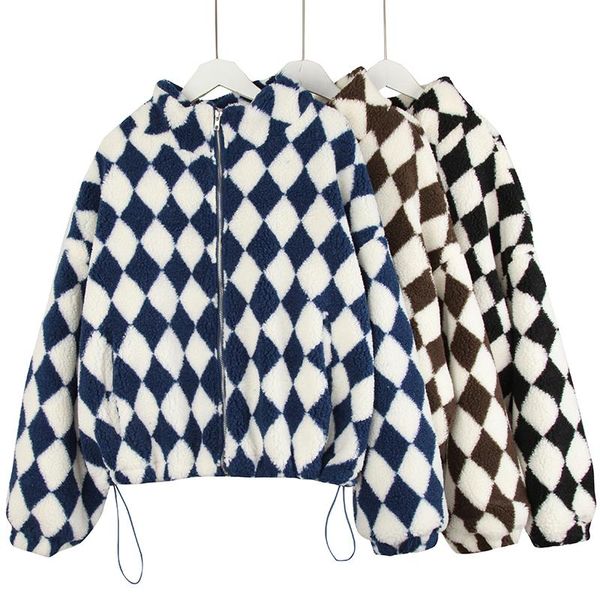 women's jackets 2021 winter color matching argyle plaid turtleneck puff sleeve thicken jacket loose drawstring lamb wool coat, Black;brown
women's jackets 2021 winter color matching argyle plaid turtleneck puff sleeve thicken jacket loose drawstring lamb wool coat, Black;brown