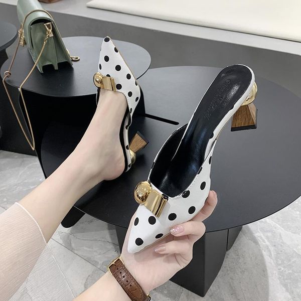 slippers retro polka dot pattern color matching square heel temperament ladies high-heeled baotou half summer muller shoes., Black
slippers retro polka dot pattern color matching square heel temperament ladies high-heeled baotou half summer muller shoes., Black