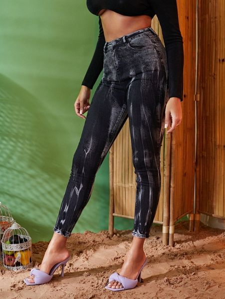 sxy tie dye skinny crop jeans 91lo#, Blue