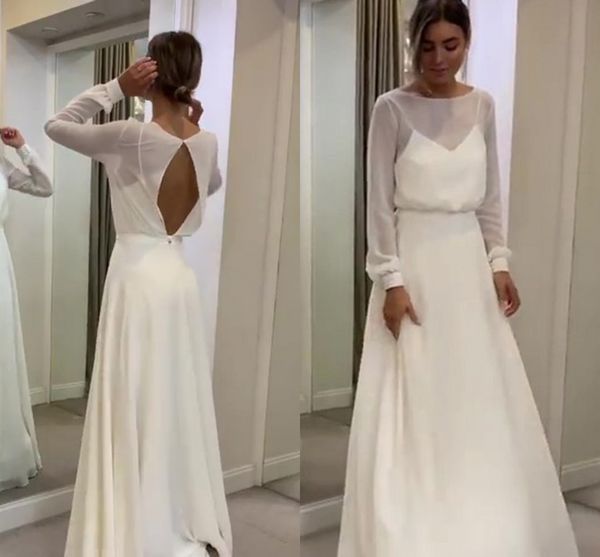 simple long sleeves country wedding gown dresses chiffon jewel neck keyhole back small train designer new vestiod de wedding bridal gowns, White
simple long sleeves country wedding gown dresses chiffon jewel neck keyhole back small train designer new vestiod de wedding bridal gowns, White