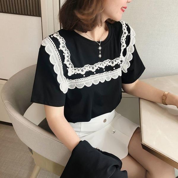 women's t-shirt pin bead lace 2021 summer korean loose thin versatile foreign style short sleeve women, White
women's t-shirt pin bead lace 2021 summer korean loose thin versatile foreign style short sleeve women, White