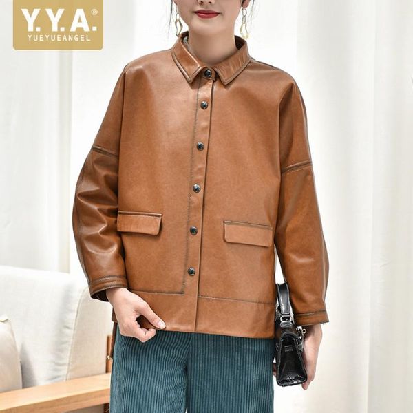 women's leather & faux vintage office ladies single breasted sheepskin genuine jacket women loose fit coat casual autumn windproof jack, Black
women's leather & faux vintage office ladies single breasted sheepskin genuine jacket women loose fit coat casual autumn windproof jack, Black