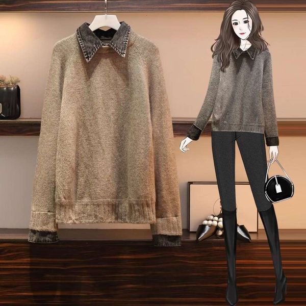 2021autumn and winter 2020 new large women's slightly fat mm versatile denim stitching fake two-piece lapel thickened knitted sweater, White;black
2021autumn and winter 2020 new large women's slightly fat mm versatile denim stitching fake two-piece lapel thickened knitted sweater, White;black