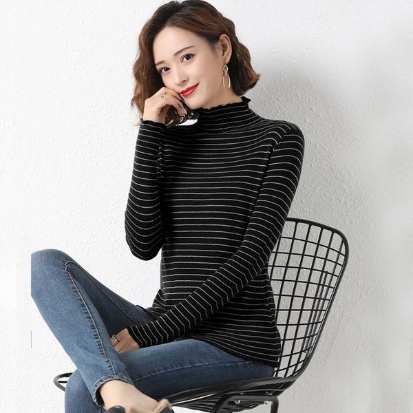 women high elastic sweaters 2021 new autumn winter lady turtleneck long sleeve striped knitted pullovers, White;black
women high elastic sweaters 2021 new autumn winter lady turtleneck long sleeve striped knitted pullovers, White;black