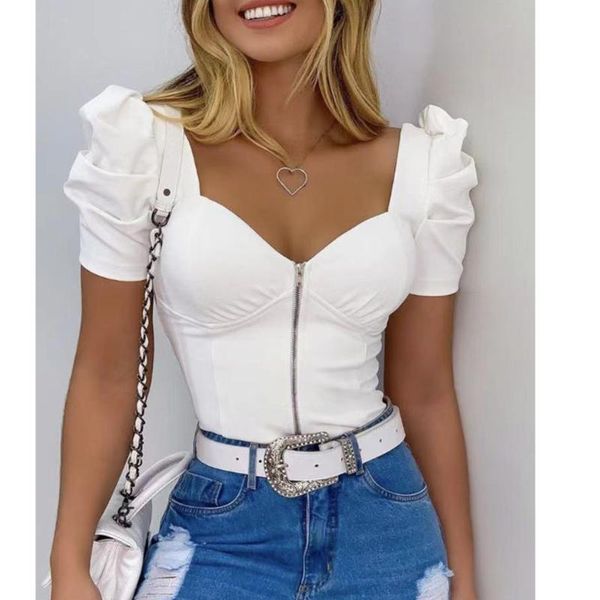 women's t-shirt women short puff sleeve t-shirts summer zip up v neck solid color slim fit casual party office lady basic tees, White
women's t-shirt women short puff sleeve t-shirts summer zip up v neck solid color slim fit casual party office lady basic tees, White