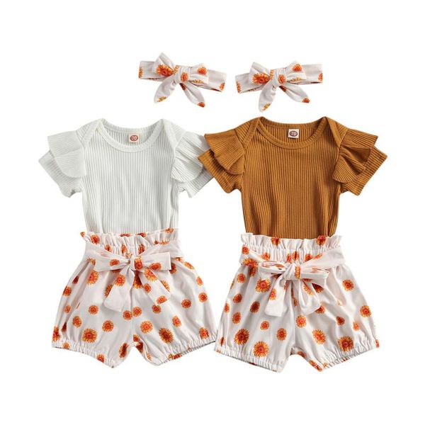 clothing sets 2021 baby girls casual outfit summer solid color romper floral print shorts headband born set kids infant, White 
clothing sets 2021 baby girls casual outfit summer solid color romper floral print shorts headband born set kids infant, White