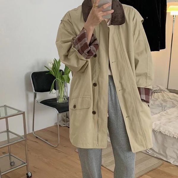 women's trench coats 2021 korean spring autumn fashion single breasted outerwear female loose vintage plaid lined patchwork coat women, Tan;black 
women's trench coats 2021 korean spring autumn fashion single breasted outerwear female loose vintage plaid lined patchwork coat women, Tan;black
