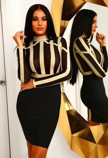 long sleeves of black gold patchwork dig rayon bandage dressed in night dress party 956p, White
long sleeves of black gold patchwork dig rayon bandage dressed in night dress party 956p, White