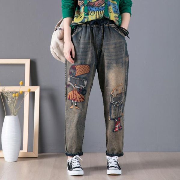 women's jeans 2021 spring vintage cartoon robot girl embroidery high waist full length trousers loose denim harlan pants w1229, Blue
women's jeans 2021 spring vintage cartoon robot girl embroidery high waist full length trousers loose denim harlan pants w1229, Blue