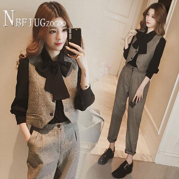 women's two piece pants 2021 autumn preppy style women sets vests bowknot blouse and female, White
women's two piece pants 2021 autumn preppy style women sets vests bowknot blouse and female, White