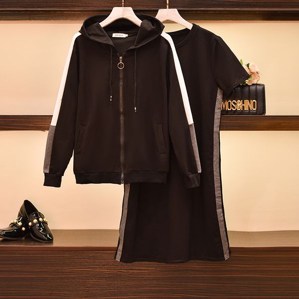2021 female plus size xl-5xl sports suit with hoodie and t-shirt dress of two pieces training set clothing racing 25g7, Black
2021 female plus size xl-5xl sports suit with hoodie and t-shirt dress of two pieces training set clothing racing 25g7, Black