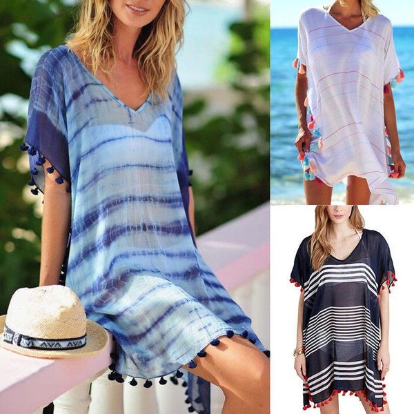 women's swimwear brand selling womens summer beachwear chiffon dress bikini cover up kaftan mini striped tassels v-neck cover-ups, White;black
women's swimwear brand selling womens summer beachwear chiffon dress bikini cover up kaftan mini striped tassels v-neck cover-ups, White;black