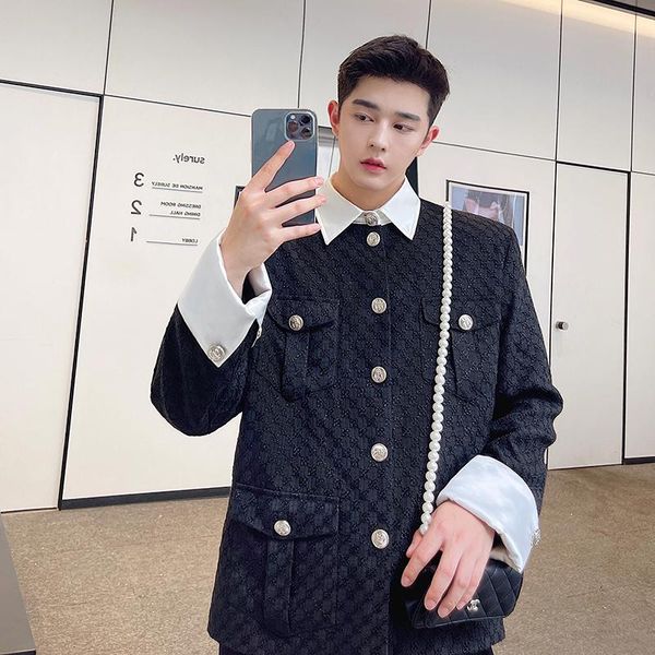 men's jackets man korean stage show clothing autumn spring coat men white satin splice wool pocket vintage fashion loose casual jacket, Black;brown
men's jackets man korean stage show clothing autumn spring coat men white satin splice wool pocket vintage fashion loose casual jacket, Black;brown
