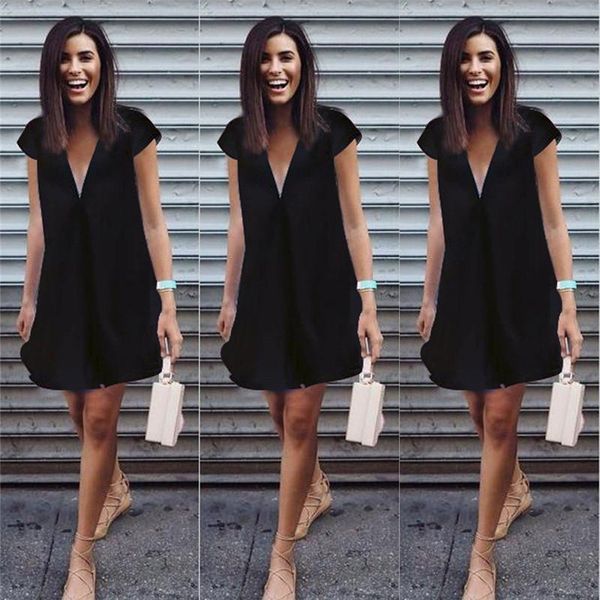 party dresses women fashion chiffon shirt dress casual short sleeve girls loose v-neck mini vestidos, White;black
party dresses women fashion chiffon shirt dress casual short sleeve girls loose v-neck mini vestidos, White;black