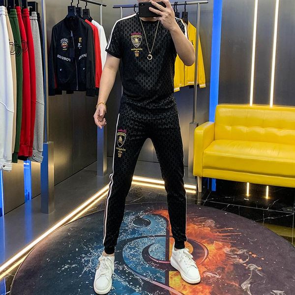 men's tracksuits summer handsome suit 2021 short sleeve taurus embroidery black dark flower casual two piece, Gray
men's tracksuits summer handsome suit 2021 short sleeve taurus embroidery black dark flower casual two piece, Gray