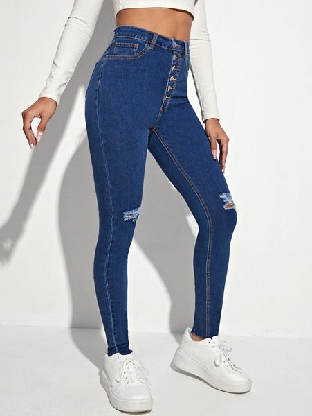 button fly ripped skinny jeans r1mo#, Blue