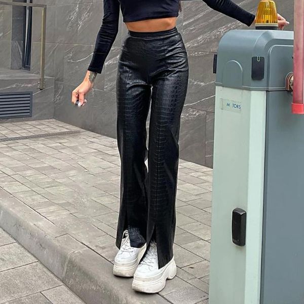 women's pants & capris 2022 fashion women simple style slit ladies black solid color high waist leather trousers with zipper closure, Black;white
women's pants & capris 2022 fashion women simple style slit ladies black solid color high waist leather trousers with zipper closure, Black;white