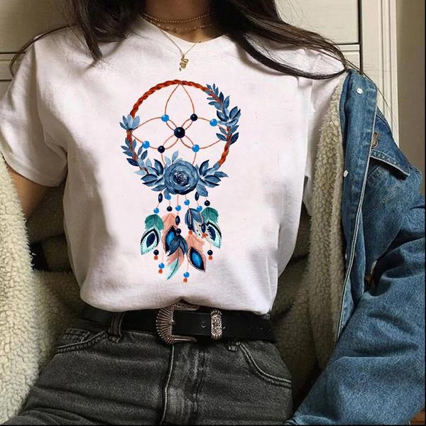 women clothes lady tees graphic flower vintage short sleeve printing dream web feather female t shirt womens t shirt, White 
women clothes lady tees graphic flower vintage short sleeve printing dream web feather female t shirt womens t shirt, White