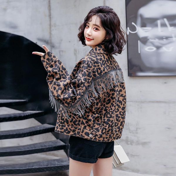 women's jackets fringed leopard denim jacket short 2021 spring korean fashion loose student wild female coat, Black;brown
women's jackets fringed leopard denim jacket short 2021 spring korean fashion loose student wild female coat, Black;brown