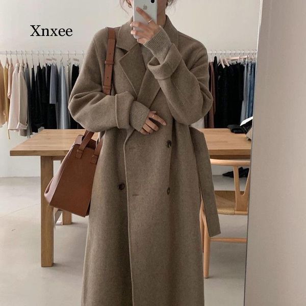 women's wool & blends korean autumn winter simple double-breasted trench coat loose casual long jacket overcoats, Black
women's wool & blends korean autumn winter simple double-breasted trench coat loose casual long jacket overcoats, Black
