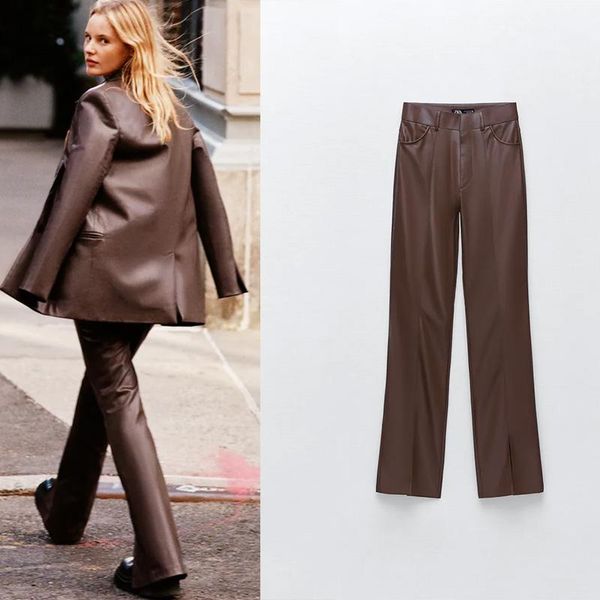 women's pants & capris faux leather with trousers slits za 2022 slim fashion all-match retro european and american style women casual, Black;white
women's pants & capris faux leather with trousers slits za 2022 slim fashion all-match retro european and american style women casual, Black;white