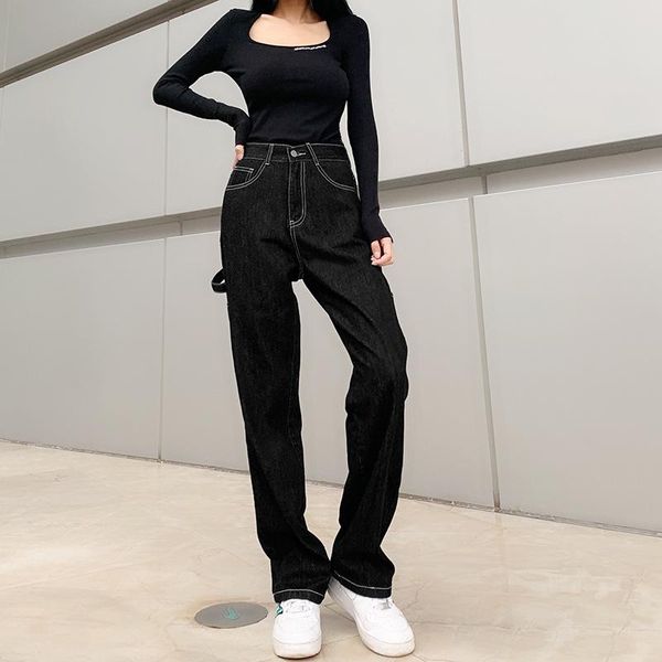 women's jeans women straight wide leg jeans, hip hop style high waist loose fit denim pants with straps, Blue
women's jeans women straight wide leg jeans, hip hop style high waist loose fit denim pants with straps, Blue