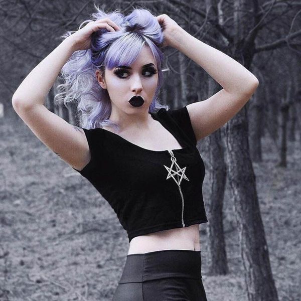 women's t-shirt summer tees for women t-shirts punk gothic pentagram zipper design goth clothes black fashion female short t shirt, White
women's t-shirt summer tees for women t-shirts punk gothic pentagram zipper design goth clothes black fashion female short t shirt, White