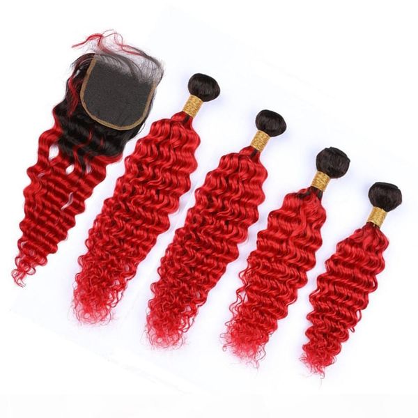 brazilian human hair red ombre deep wave 4bundles with closure 5pcs lot #1b red ombre hair weaves dark roots with lace closure 4x4, Black;brown 
brazilian human hair red ombre deep wave 4bundles with closure 5pcs lot #1b red ombre hair weaves dark roots with lace closure 4x4, Black;brown