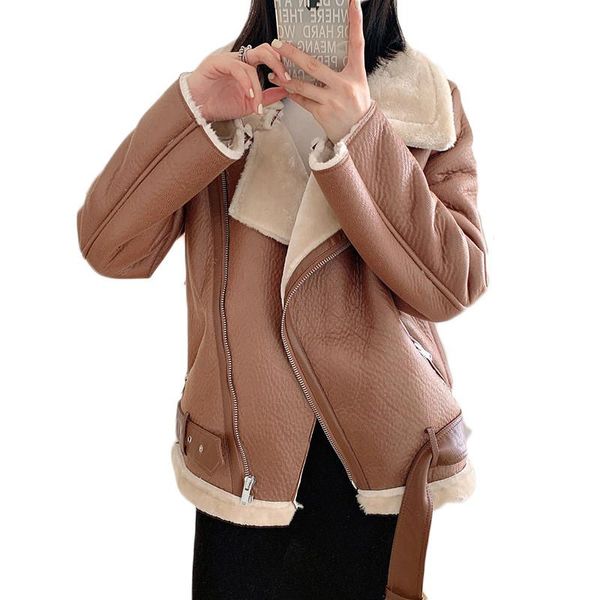 women's leather & faux fashion lamb jacket outwear women winter thick windproof warm motorcycle coat with belt brown suede lr1851, Black
women's leather & faux fashion lamb jacket outwear women winter thick windproof warm motorcycle coat with belt brown suede lr1851, Black