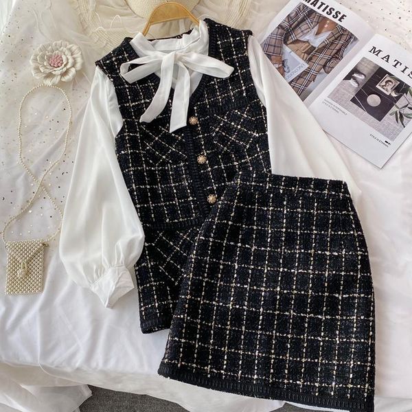 two piece dress lightly cooked small fragrant tweed v-neck vest jacket three-piece bow tie shirt high waist skirt, White
two piece dress lightly cooked small fragrant tweed v-neck vest jacket three-piece bow tie shirt high waist skirt, White