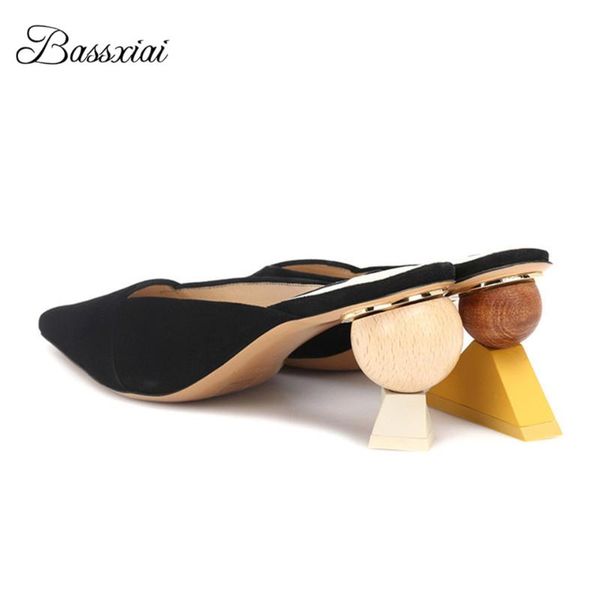 sandals asymmetrical strange heel runway mules lady luxury suede slingbacks point toe building block heels women, Black