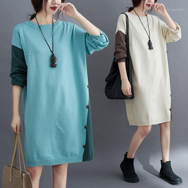 

casual dresses 2021 autumn and winter artistic oversized knit dress sweater color contrast patchwork loose leisure warm midi, Black;gray
