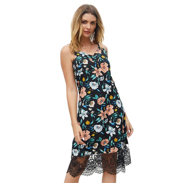 2021 summer european and american style lace strap stitching womens dress, Black;gray
