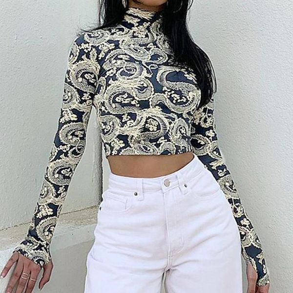 women's t-shirt spring and summer women chic long sleeve dragon print turtleneck crop thumb hole slim blouse clothing, White
women's t-shirt spring and summer women chic long sleeve dragon print turtleneck crop thumb hole slim blouse clothing, White
