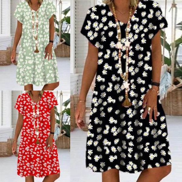 2021 new casual women daisy print summer short sleeve v-neck laies knee-length beach plus 3hdv, Black;gray
2021 new casual women daisy print summer short sleeve v-neck laies knee-length beach plus 3hdv, Black;gray