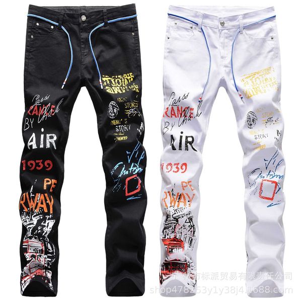 stretch size slim straight white pants men's print personalized jeans fashion, Blue
stretch size slim straight white pants men's print personalized jeans fashion, Blue