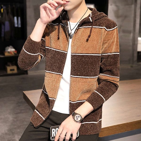 men's hooded striped fashion casual zipper knitted sweater long sleeve hat shirt, White;black
men's hooded striped fashion casual zipper knitted sweater long sleeve hat shirt, White;black