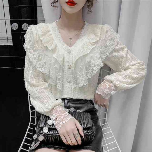 spring lace hollow out women blouses v neck long sleeve ruffle blusas mujer de moda, White
spring lace hollow out women blouses v neck long sleeve ruffle blusas mujer de moda, White