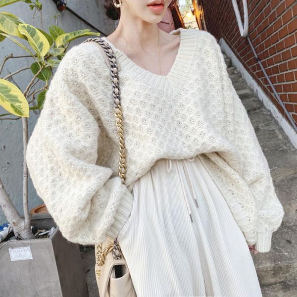 women's sweaters 2021 women autumn winter white oversize knitted sweater coat jacket v neck vintage full sleeve casual pullover jumpers, White;black
women's sweaters 2021 women autumn winter white oversize knitted sweater coat jacket v neck vintage full sleeve casual pullover jumpers, White;black