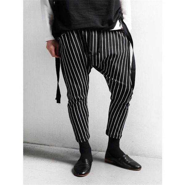 men's pants singer hair stylist style fashion casual personality stripe large size hanging crotch, Black
men's pants singer hair stylist style fashion casual personality stripe large size hanging crotch, Black