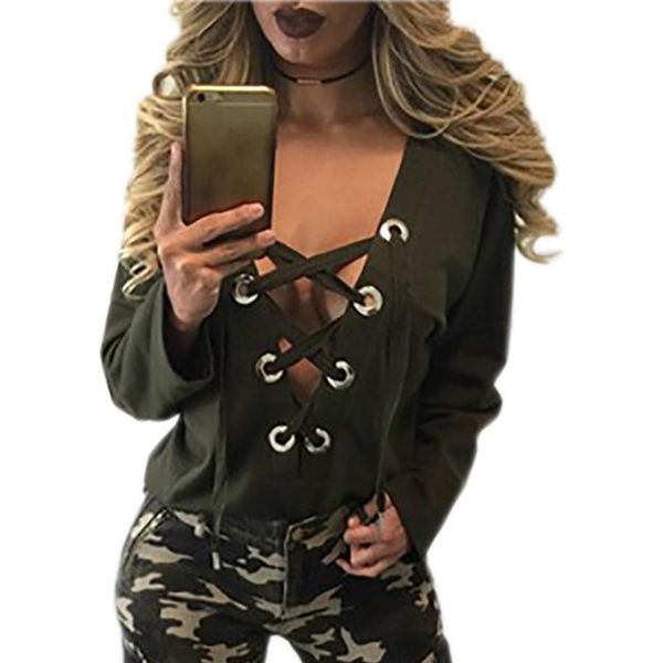 women's blouses & shirts long sleeve autumn shirt bandage plus size femme lace -up deep v -neck clubwear women, White 
women's blouses & shirts long sleeve autumn shirt bandage plus size femme lace -up deep v -neck clubwear women, White