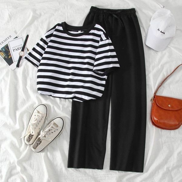 women 2021 spring summer fashion suit female casual simple striped t-shirt +wide leg pants sports tracksuit two-piece sets l198, Gray
women 2021 spring summer fashion suit female casual simple striped t-shirt +wide leg pants sports tracksuit two-piece sets l198, Gray