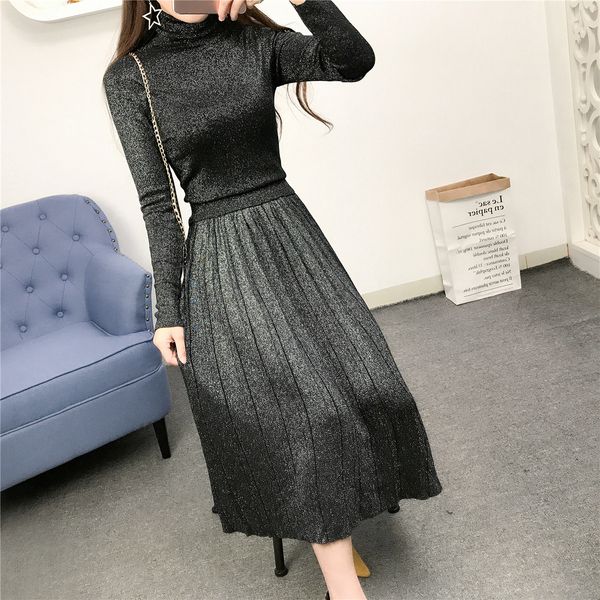 autumn and winter new wild temperament sweater settlement silk shirt bright + plied large swing skirt two-piece 4i0o, White 
autumn and winter new wild temperament sweater settlement silk shirt bright + plied large swing skirt two-piece 4i0o, White