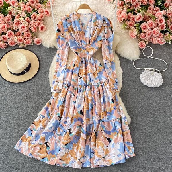 casual dresses women boho fashion v-neck floral dress autumn korean elegant celebrity close waist thin ruffle large hem long, Black;gray