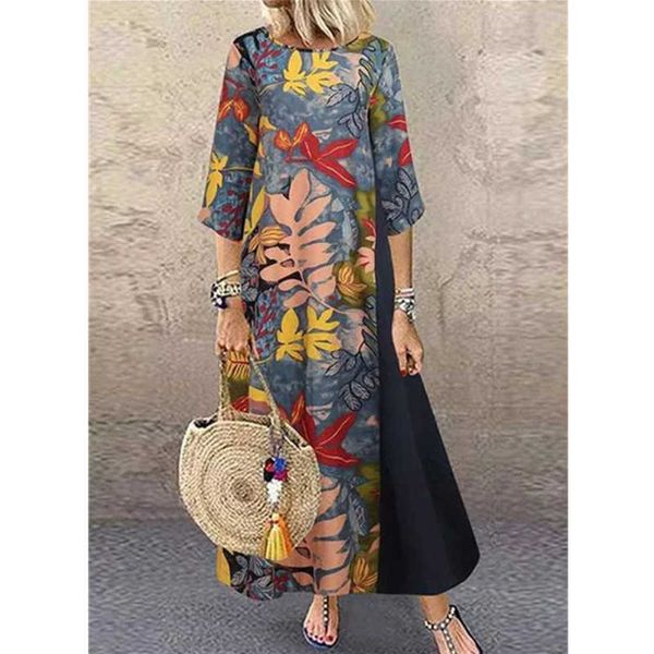 spring women's dress cotton hemp flower 3 / 4 sleeve stitching large size, Black;gray