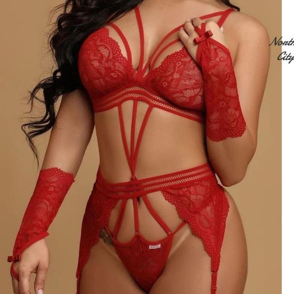 bras sets eyelash lace cutout lingerie set, Red;black